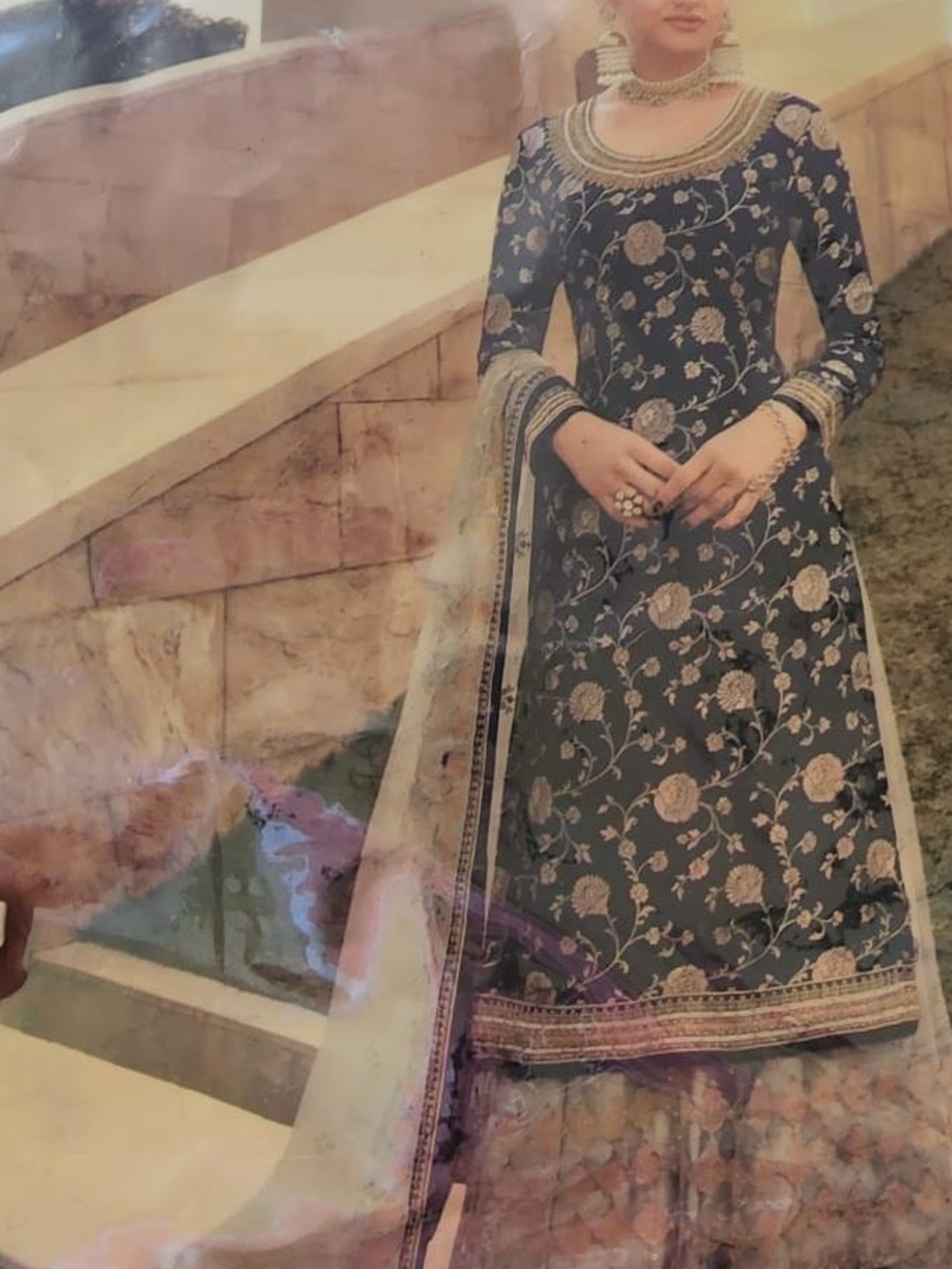 Embroidered Dark Teal Floral Women’s Dress with Dupatta